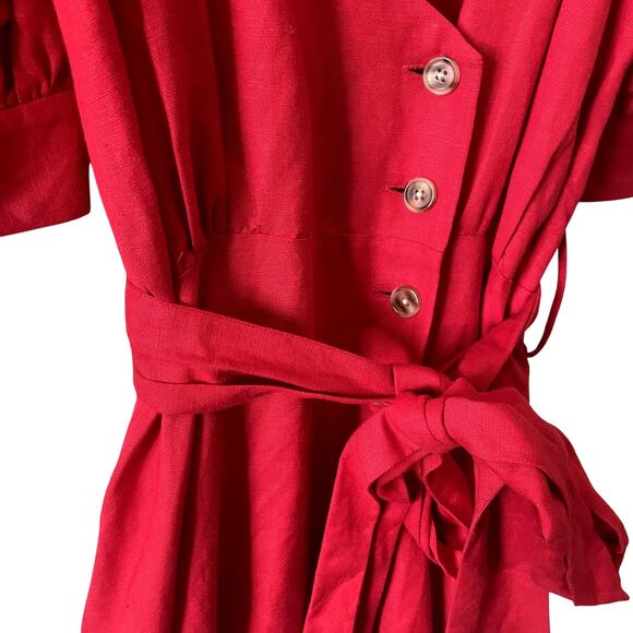 Fame & Partners Red Linen Blend Tie Waist Midi Dress Button Down Size 2 - Picture 7 of 9